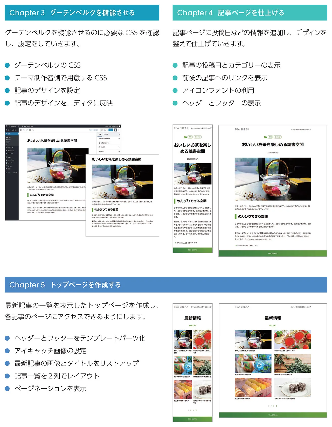 Chapter 3「グーテンベルクを機能させる」、Chapter 4「記事ページを仕上げる」、Chapter 5「トップページを作成する」