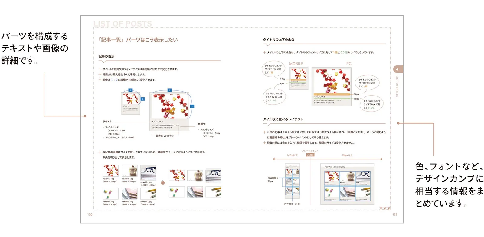 パーツを構成するテキストや画像など、デザインカンプに相当する情報をまとめています。