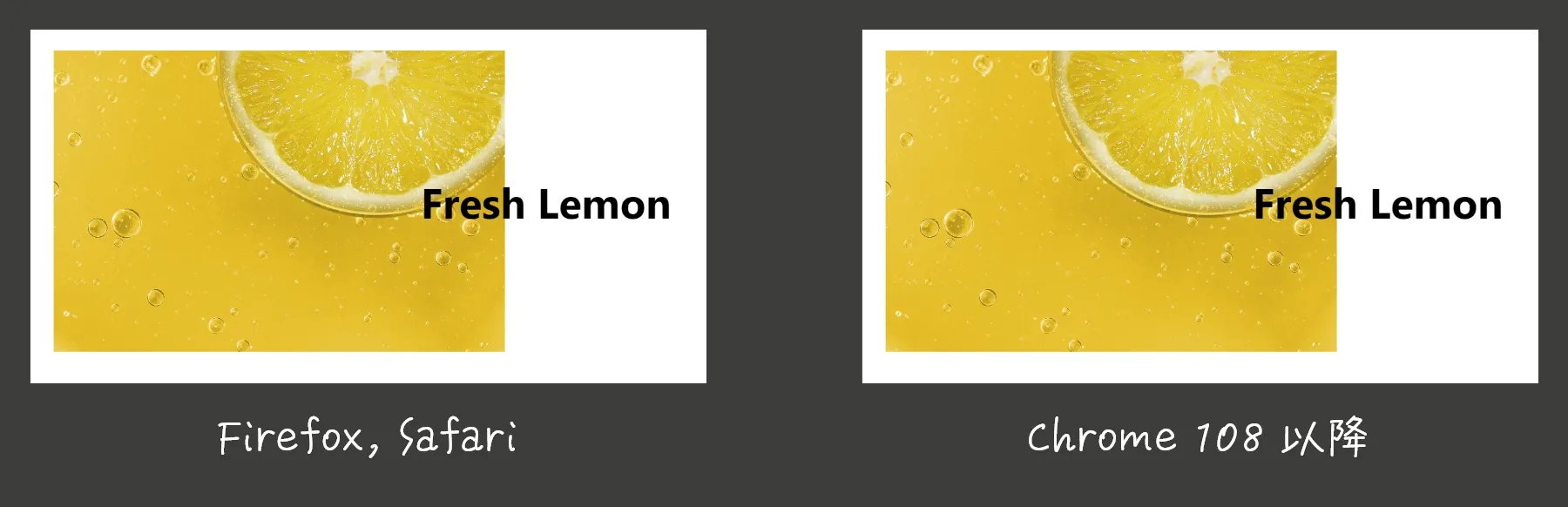 Flexboxで横並びにし、並び順を変えずに画像とテキストを重ねたもの。Firefox、Safari、Chromeで「テキストが上になる」同じ表示になります。