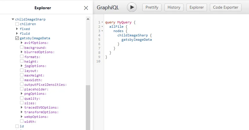 GraphQLでgatsbyImageDataフィールドを表示したもの