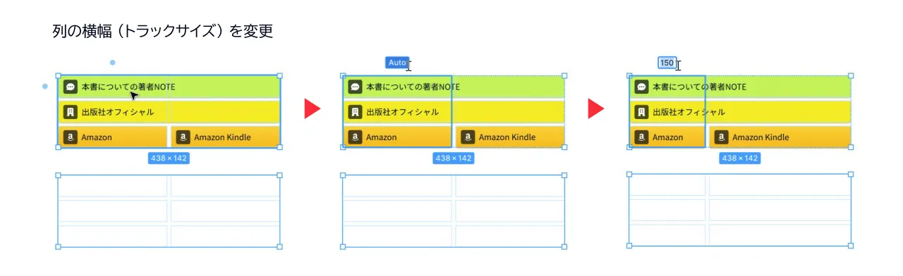 1列目の横幅が短くなり、それに合わせて2列目の横幅が大きくなっています。配置したアイテムの横幅もそれに合わせて変わっています。