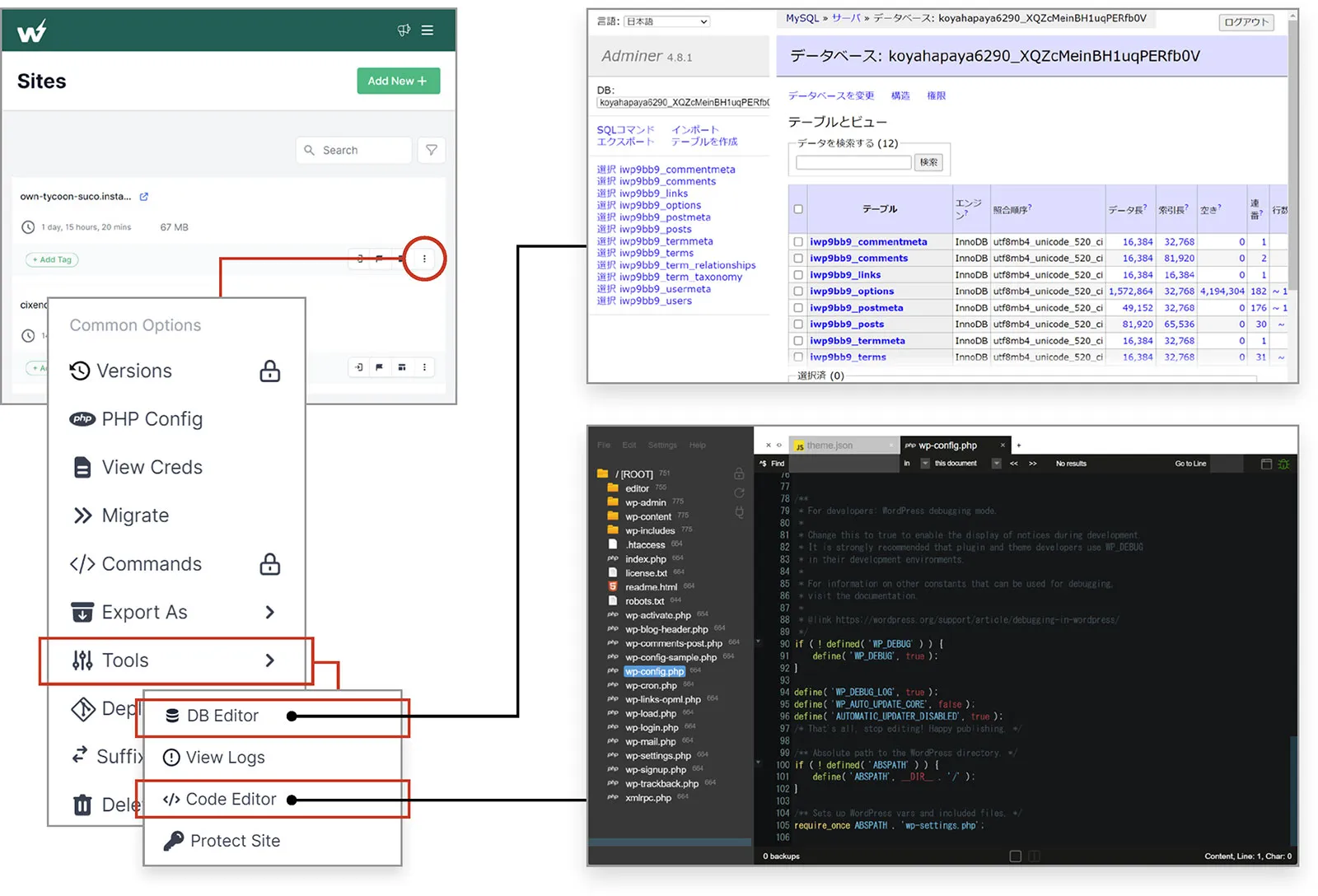 データベースエディター（Adminer）やコードエディターを開いたところ。