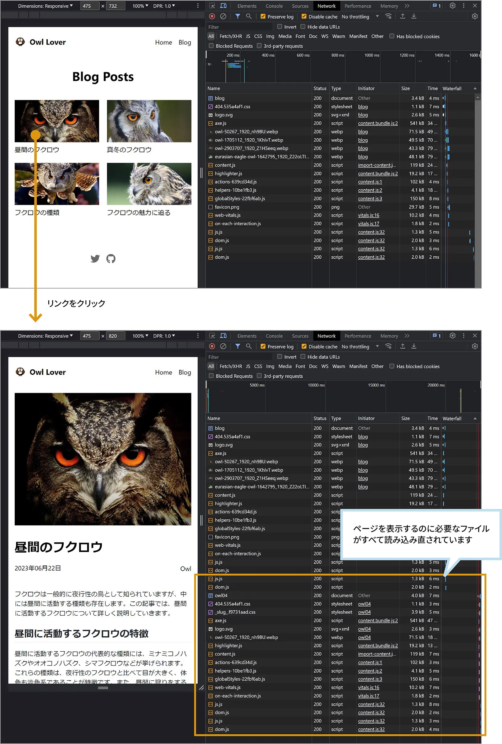 Turboがない場合、リンク先にアクセスすると、ページを表示するのに必要なファイルがすべて読み込み直されています。