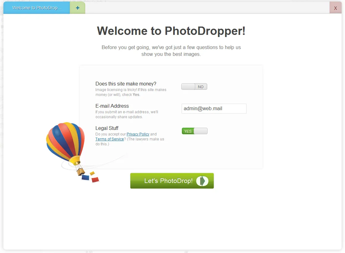 PhotoDropperを最初に起動したときの設定画面